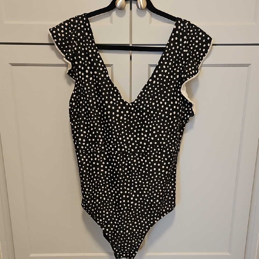 Summersalt Black and White Polka Dot Bodysuit with Ruffle Trim